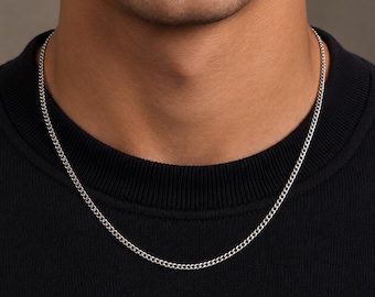 Herren Silber Halskette Kette Cuban Panzerkette Edelstahl Hip Hop Halskette Männer Schmuck Basic Silberne Silberkette 3mm 50cm Schlicht dünn