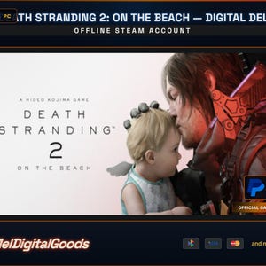 Peut inclure: Image promotionnelle pour "Death Stranding 2: On The Beach - Digital Delu". L'image présente un homme embrassant un bébé, avec le titre et le logo du jeu. Le fond est clair, avec le titre du jeu en gros caractères gras.