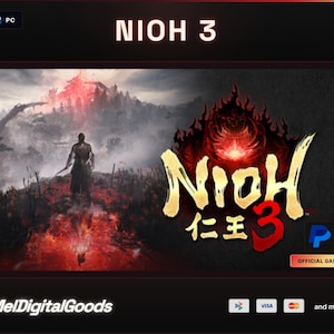 Pode incluir: Um banner de jogo digital para NIOH 3 apresentando um guerreiro em pé em uma paisagem escura de tons vermelhos com uma estrutura em chamas ao fundo. O título NIOH 3 é exibido em letras grandes e estilizadas douradas e vermelhas.