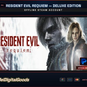 Könnte beinhalten: Werbung für ein digitales Produkt "Resident Evil Requiem - Deluxe Edition" für PC. Das Bild zeigt ein dunkles, dramatisches Design mit dem Titel des Spiels in Rot und Weiß sowie Charakterporträts. Enthält den Text "OFFLINE STEAM ACCOUNT".