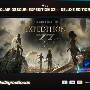 Könnte beinhalten: Clair Obscur: Expedition 33 – Deluxe Edition für PC. Das digitale Artwork zeigt vier Charaktere in einer dunklen, atmosphärischen Landschaft, wobei der Spieletitel mittig dargestellt ist. Enthält ein offizielles PayPal-Spielelogo.