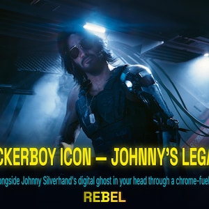 Peut inclure: Image d'un homme aux cheveux longs et lunettes de soleil, portant un gilet et des plaques d'identit&eacute;, dans un cadre futuriste. Le texte indique "ROCKERBOY ICON - JOHNNY'S LEGACY" et "REBEL". L'arri&egrave;re-plan est sombre avec un &eacute;clairage bleu et blanc.
