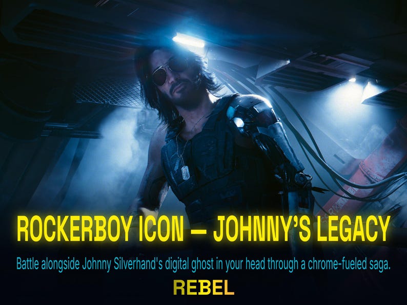 Peut inclure: Image d'un homme aux cheveux longs et lunettes de soleil, portant un gilet et des plaques d'identit&eacute;, dans un cadre futuriste. Le texte indique "ROCKERBOY ICON - JOHNNY'S LEGACY" et "REBEL". L'arri&egrave;re-plan est sombre avec un &eacute;clairage bleu et blanc.