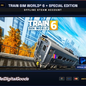 Pode incluir: Anúncio do produto digital Train Sim World 6 + Special Edition. A imagem apresenta um comboio sobre carris com um fundo de cidade e céu azul. O logótipo do jogo e o texto "OFFICIAL GAME" também são visíveis.