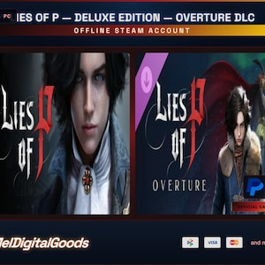 Può includere: Annuncio del gioco "Lies of P - Deluxe Edition - Overture DLC". L'immagine presenta due copertine di gioco con un tema scuro, con un personaggio dalla pelle chiara e capelli scuri. Il testo "Lies of P" è ben visibile.