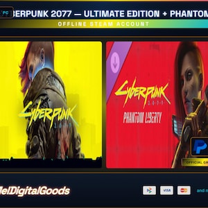 Peut inclure: Annonce de produit num&eacute;rique pour Cyberpunk 2077 Ultimate Edition + Phantom Liberty. L'image pr&eacute;sente deux panneaux avec des illustrations du jeu. Un panneau a un fond jaune et l'autre un fond rouge. Le texte "Cyberpunk" est bien en &eacute;vidence.