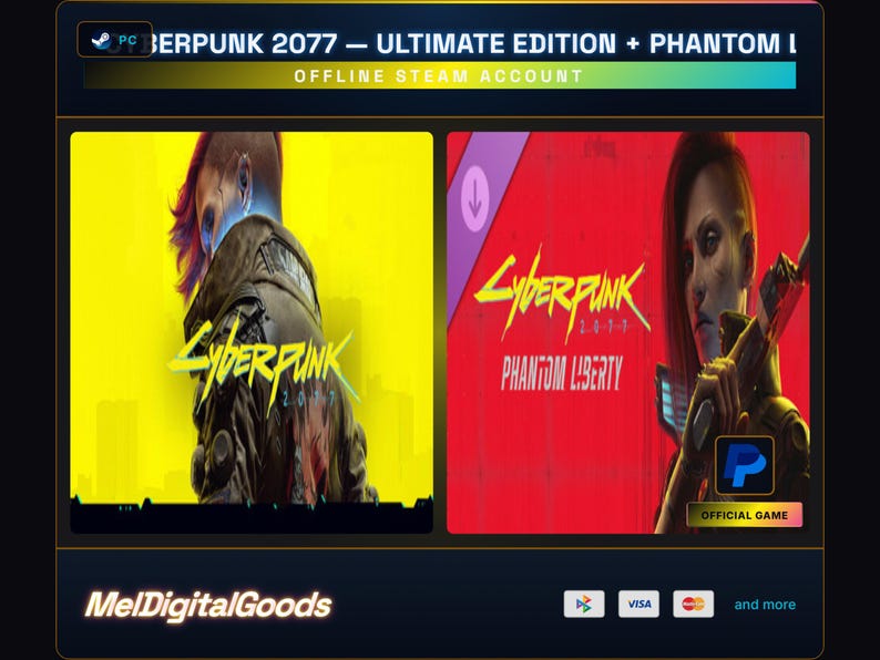 Peut inclure: Annonce de produit num&eacute;rique pour Cyberpunk 2077 Ultimate Edition + Phantom Liberty. L'image pr&eacute;sente deux panneaux avec des illustrations du jeu. Un panneau a un fond jaune et l'autre un fond rouge. Le texte "Cyberpunk" est bien en &eacute;vidence.