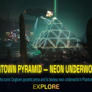 Peut inclure: Une sc&egrave;ne nocturne d'une ville futuriste avec une pyramide au n&eacute;on comme &eacute;l&eacute;ment central. Le texte "DOGTOWN PYRAMID - NEON UNDERWORLD" est affich&eacute; en jaune, avec le mot "EXPLORE" en dessous. Un v&eacute;hicule volant est visible en arri&egrave;re-plan.