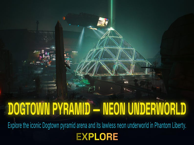 Peut inclure: Une sc&egrave;ne nocturne d'une ville futuriste avec une pyramide au n&eacute;on comme &eacute;l&eacute;ment central. Le texte "DOGTOWN PYRAMID - NEON UNDERWORLD" est affich&eacute; en jaune, avec le mot "EXPLORE" en dessous. Un v&eacute;hicule volant est visible en arri&egrave;re-plan.
