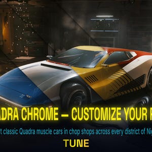 Peut inclure: Une voiture de sport futuriste aux couleurs bleu, jaune, rouge et blanc. Le texte "QUADRA CHROME - CUSTOMIZE YOUR RIDE" est affich&eacute; en jaune. La voiture est dans un garage avec un m&eacute;canicien qui travaille dessus.