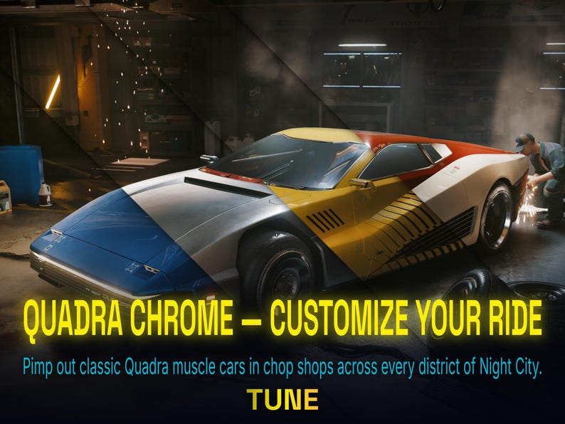 Peut inclure: Une voiture de sport futuriste aux couleurs bleu, jaune, rouge et blanc. Le texte "QUADRA CHROME - CUSTOMIZE YOUR RIDE" est affich&eacute; en jaune. La voiture est dans un garage avec un m&eacute;canicien qui travaille dessus.