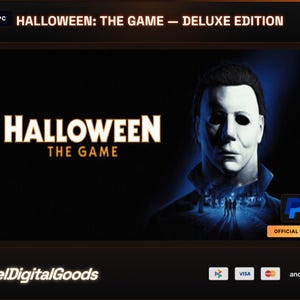 May include: A digital product listing for Halloween: The Game - Deluxe Edition for PC. The graphic features the iconic white mask of Michael Myers against a dark background with the title text and a small PayPal logo. The bottom includes MelDigitalGoods.