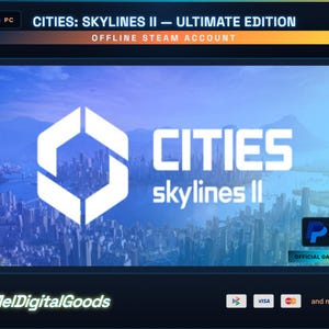 May include: A digital product advertisement for "Cities: Skylines II - Ultimate Edition" on PC. The image features the game's logo, a white geometric shape, and the game title against a cityscape backdrop. The seller's name and payment options are also displayed.