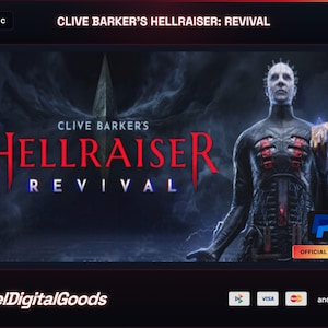 Może przedstawiać: Cyfrowy baner gry Clive Barker's Hellraiser: Revival na PC. Obraz przedstawia bladą postać z szpilkami w głowie w ciemnym, teksturowanym kostiumie, trzymającą złotą kostkę logiczną na tle burzowego, ciemnoniebieskiego nieba z błyskawicami.