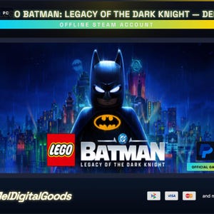 May include: A digital advertisement for the Lego Batman video game, "Legacy of the Dark Knight." The image features Batman in his iconic suit, with the Lego logo prominently displayed. The background shows a cityscape under a dark blue sky. The text "OFFICIAL GAME" is also visible.
