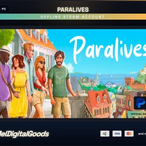 Könnte beinhalten: Ein digitales Spielbanner für Paralives mit vier illustrierten Charakteren, die durch eine Stadt mit orangefarbenen Dächern und einem blauen Meer gehen. Der Text lautet Paralives, Offline Steam Account und Official Game, mit Zahlungssymbolen.