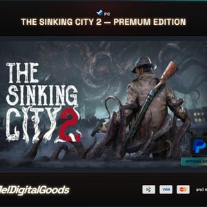 Könnte beinhalten: Ein digitales Spielcover für The Sinking City 2 Premium Edition auf PC. Das Bild zeigt eine Figur in braunem Mantel und Hut mit einer Schusswaffe, umgeben von dunklen Tentakeln. Der Titel ist in Weiß und Rot gehalten, darunter befinden sich Zahlungssymbole.