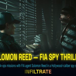 Peut inclure: Une sc&egrave;ne d'un thriller d'espionnage avec deux personnages dans une pi&egrave;ce sombre. Le texte "SOLOMON REED - FIA SPY THRILLER" est affich&eacute;, ainsi que le mot "INFILTRATE". L'image sugg&egrave;re une intrigue captivante.