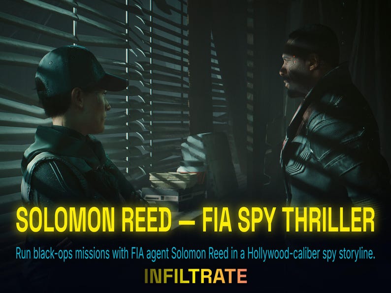 Peut inclure: Une sc&egrave;ne d'un thriller d'espionnage avec deux personnages dans une pi&egrave;ce sombre. Le texte "SOLOMON REED - FIA SPY THRILLER" est affich&eacute;, ainsi que le mot "INFILTRATE". L'image sugg&egrave;re une intrigue captivante.