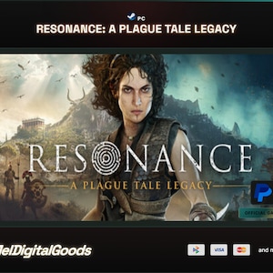 May include: A digital game cover for PC titled Resonance: A Plague Tale Legacy featuring a central character with dark curly hair, a textured vest, and a maze graphic in the title text. The background displays a landscape with ancient structures.