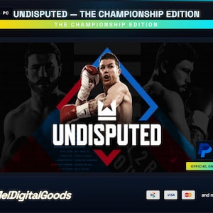 May include: The digital game Undisputed The Championship Edition for PC features a central graphic of a boxer in red and white gloves within a blue diamond frame. The title Undisputed is displayed in bold white text below the boxer, with payment icons.