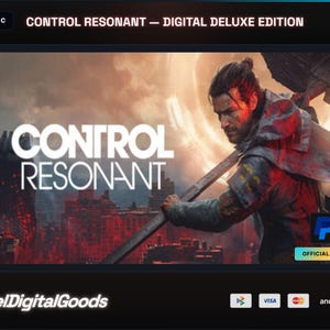 Puede incluir: Una portada de juego digital para Control Resonant Digital Deluxe Edition para PC. La ilustración muestra a un personaje sosteniendo un bastón largo frente a una ciudad en llamas y un portal brillante. Incluye logotipos de PayPal, Visa y Mastercard.