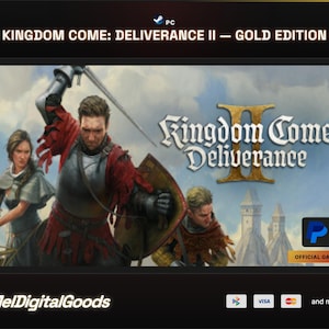 May include: A digital game cover for Kingdom Come: Deliverance II Gold Edition on PC. The artwork features a central armoured figure with a sword, a woman with a crossbow, and a man in the foreground, set against a backdrop of medieval towers.