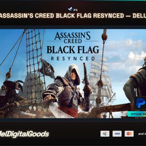 May include: A digital game cover for Assassin's Creed Black Flag Resynced Delux for PC. The artwork features a hooded pirate holding a flintlock pistol and a cutlass on a ship deck with rigging and sails visible against a blue sky and clouds.