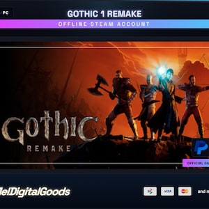 May include: A digital promotional banner for Gothic 1 Remake featuring four fantasy characters standing on a dark ridge against a fiery orange sky. The text reads Gothic Remake, PC, Offline Steam Account, and MelDigitalGoods with payment icons.