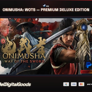 Può includere: Una copertina di gioco digitale per Onimusha: WOTS – Premium Deluxe Edition per PC. L'illustrazione mostra un guerriero che impugna una grande spada decorata con un centro blu brillante, accanto a una figura con un cappello a tesa larga, su uno sfondo scuro e infuocato.