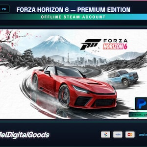 Op de afbeelding: Promotieafbeelding voor Forza Horizon 6 Premium Edition. Een rode sportwagen op een kronkelende weg met een berg en stadsgezicht op de achtergrond. Het logo en de tekst van de game worden bovenaan weergegeven, met de naam van de verkoper en betalingsopties onderaan.