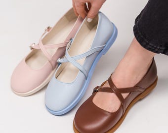 Handmade Leather Ballet Flats - Soft Real Leather Shoes for Women - Minimalist Walking Shoes, Comfortable Summer Mary Jane Flats