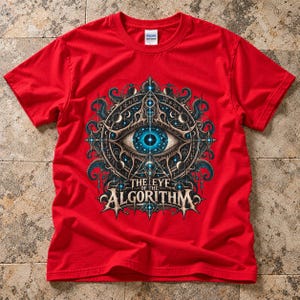 Può includere: Una t-shirt rossa a maniche corte con una grafica centrale raffigurante un occhio blu stilizzato circondato da intricati motivi geometrici, simboli celesti e tentacoli. Il testo THE EYE OF THE ALGORITHM è stampato in grassetto sotto l'occhio.