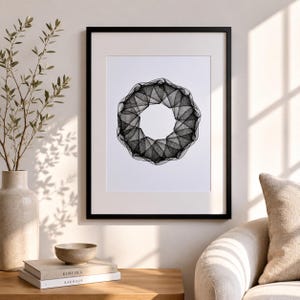 Kunstprint met penplottermotief, geometrische tekenmachine wanddecoratie 50x70 cm, minimalistisch algoritmisch cirkelpatroon, uniek wiskundig design cadeau