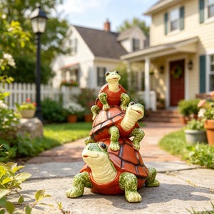 May include: A whimsical garden sculpture featuring three turtles stacked on top of each other. The turtles have red shells, green limbs, and smiling faces. The sculpture is placed on a stone walkway in front of a house.
