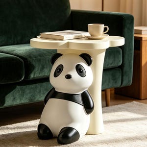 May include: A side table featuring a cream-colored, flower-shaped tabletop supported by a base sculpted in the form of a seated panda. The panda figure is white with black ears, eye patches, arms, and feet. A book and a cup on a saucer sit on top.