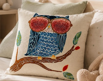 Eulen Kissenbezug 45x45 cm, besticktes Dekokissen, beidseitige Stickerei, Sofakissen, Zierkissen, Landhausstil