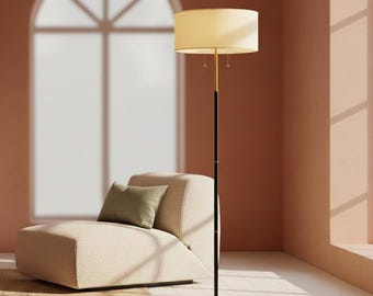 Mid Century Modern Floor Lamp, 2-Light Standing Lamp, White Fabric Shade