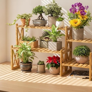 May include: A tiered bamboo plant stand with an X-shaped side frame design, featuring multiple levels holding various potted plants, including a bonsai, a poinsettia, sunflowers, orchids, and assorted green foliage in ceramic and terracotta pots.