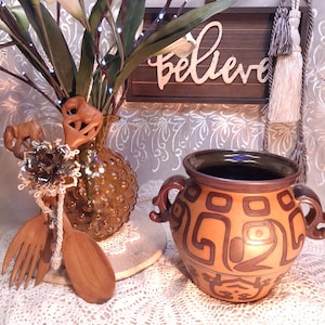 Eclectic Vintage Earthenware Terracotta Handmade Pottery Vase or planter with Handles .Geometric Tribal Mesoamerican or Southwestern.