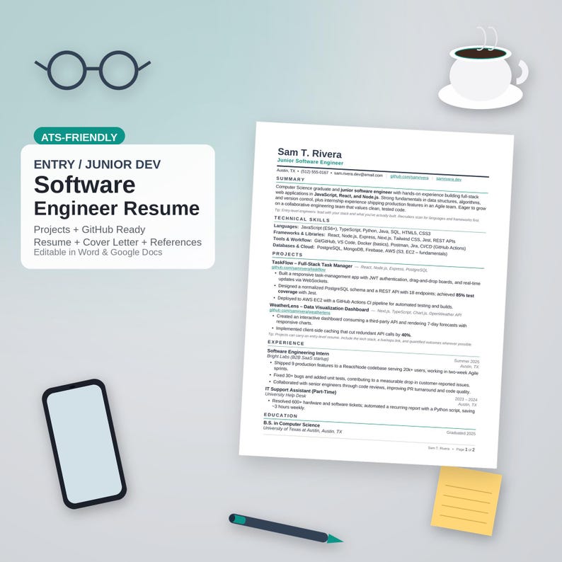 Software Engineer Developer CV Template, ATS Friendly Resume, Cover Letter & References image 2