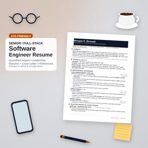 May include: A digital document template for a Senior Full-Stack Software Engineer resume, including a cover letter and references. The document features text detailing professional experience, technical skills, and projects, alongside icons of glasses, a coffee cup, a smartphone, and a pen.