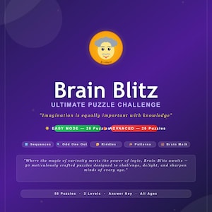 May include: A purple poster titled Brain Blitz Ultimate Puzzle Challenge featuring a yellow circle with a cartoon scientist icon and the text E=mc2. It lists 50 puzzles, two levels, an answer key, and categories including sequences, odd one out, riddles, patterns, and brain math.