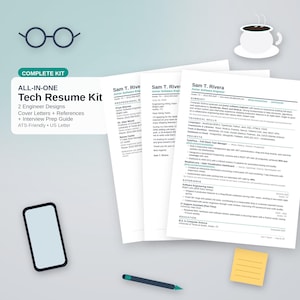 May include: A tech resume kit featuring multiple document pages with text including Sam T. Rivera, Junior Software Engineer, a smartphone, a pen, a coffee cup, and glasses. The kit includes cover letters, references, and an interview prep guide.