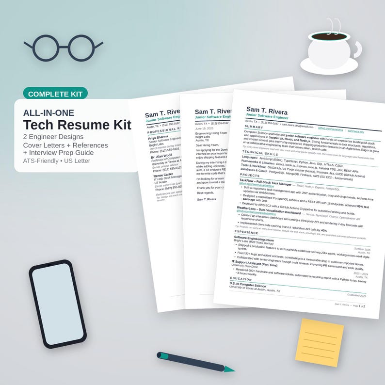 May include: A tech resume kit featuring multiple document pages with text including Sam T. Rivera, Junior Software Engineer, a smartphone, a pen, a coffee cup, and glasses. The kit includes cover letters, references, and an interview prep guide.