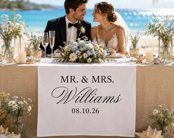 Custom Last Name Table Runner Wedding Decor, Personalized Linen Table Runner Sweetheart Table, Printed Date Table Linen Bridal Gifts