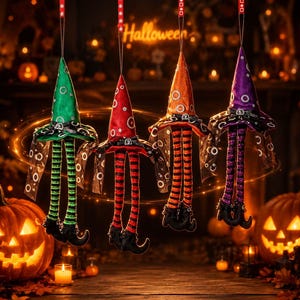 May include: Four hanging witch hat decorations with dangling striped legs and black pointed shoes. The hats are green, red, orange, and purple, each featuring a black sheer ribbon with white circular patterns and a red hanging loop at the top.