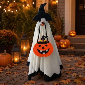 May include: A white ghost figurine wearing a black pointed hat and a black-trimmed hem, holding an orange jack-o'-lantern bucket with a black handle, a black hat accent, and a purple buckle detail, featuring a carved face with a wide grin.