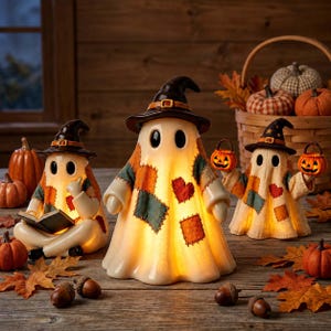 Dekoracja lampki do czytania w kształcie ducha na Halloween, figurka ducha LED z żywicy, upiorna lampka nocna na stół, słodka ozdoba w kształcie ducha z dyni, 3 opcje stylu
