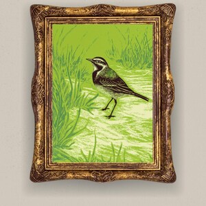 May include: A framed print featuring a black and white illustration of a bird standing in green grass. The frame is ornate, metallic gold with dark brown highlights. The text "LOFT7PRINTS" is visible in the bottom left corner of the image.